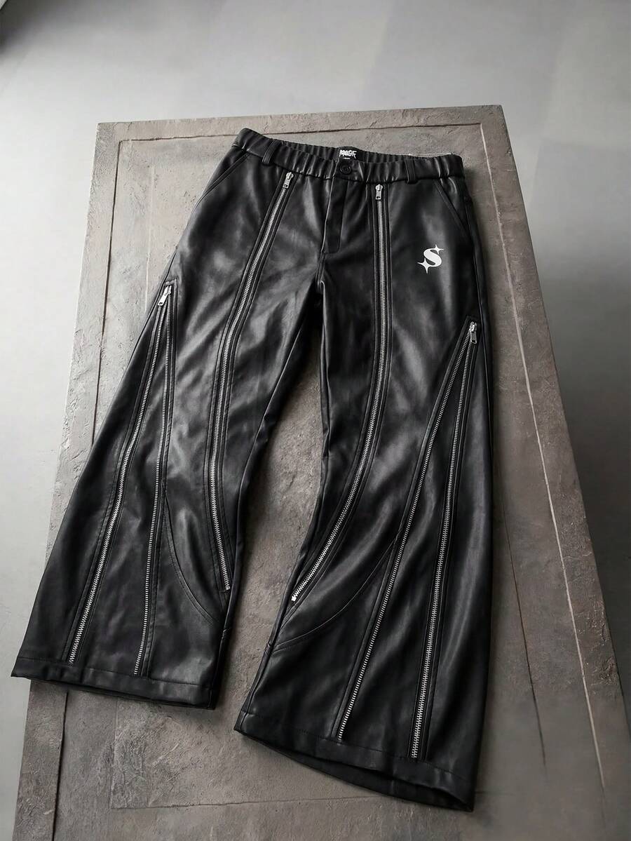AXEPEAK Men's Zipper Decor Button Casual Wide Leg Pants - Black - View 1