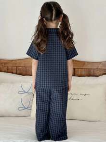 Dazy Kids Girls' Plaid Embroidered Long Sleeve Top And Pants Loungewear Set, Fall - Navy Blue - View 5