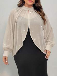 Elenzga Áo kiểu dài tay thanh lịch bằng chiffon đính ngọc trai dành cho nữ cỡ lớn - Màu be - Xem 2