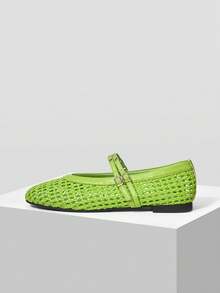 MOTF LADIES LIGHT GREEN FLAT BOTTOM HOLLOW WOVEN HORIZONTAL STRAP BUCKLE MARY JANE SHOES SIMPLE AND ELEGANT VACATION DAILY COMMUTER COLLEGE - Green - View 3