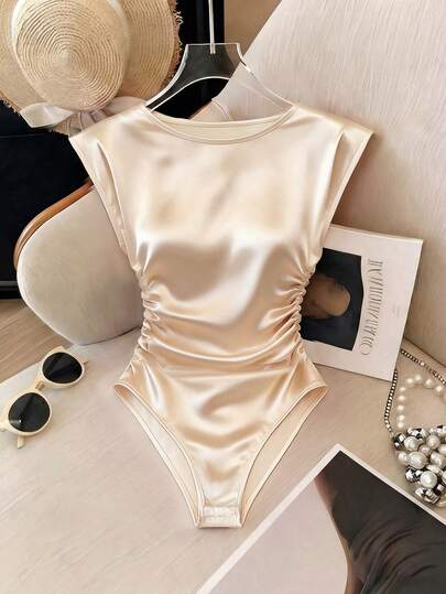 Franclia 优雅连体衣，圆领，插肩袖，缎面连体裤，百搭女士连体衣连衣裙，适合派对、春夏、通勤等场合。