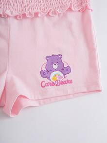 SHEIN X Care Bears Bộ đồ ngủ nữ in hình hoạt hình gồm áo croptop và quần short - Hồng - Xem 7