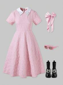 菱形领提花纹理面料A字型长裙，时尚优雅，适合夏季少女穿着 - 粉色 - 查看 4