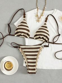 Swim Mod 女士春夏沙滩音乐节针织提花条纹图案性感吊带串珠比基尼套装 - 彩色 - 查看 3