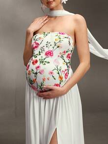 Cheriluna Maternity 孕妇抹胸长款网纱刺绣缎带修身连衣裙，适合孕期摄影 - 白色 - 查看 7