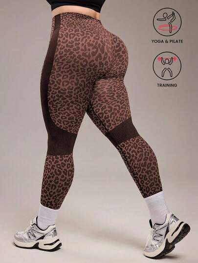 Rhythm Era 1 pieza Leggings de yoga, fitness y running de talla grande para mujer con estampado de leopardo y rayas laterales