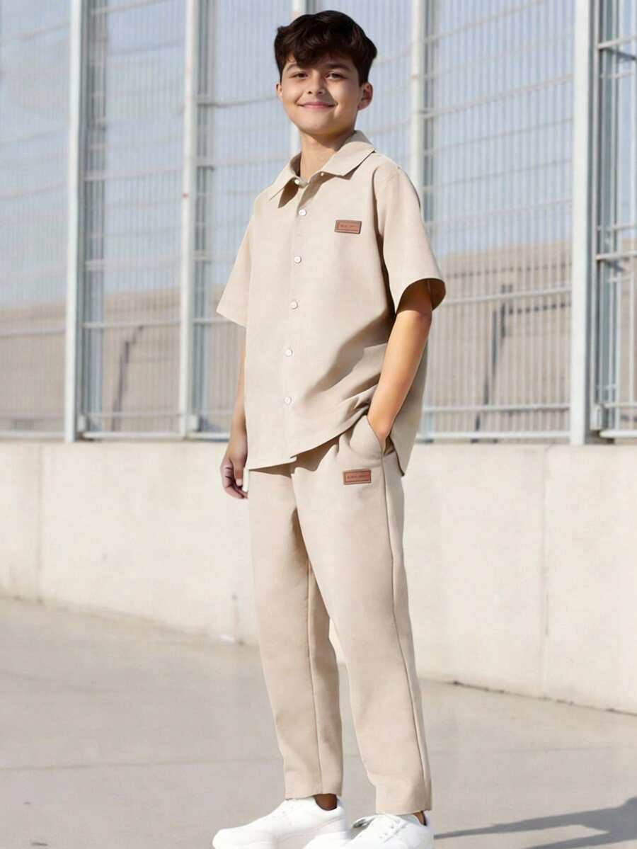 Vacaura 青少年夏季两件套服装,包括纽扣衬衫和宽松长裤,休闲日常穿着套装 - 杏色 - 查看 1