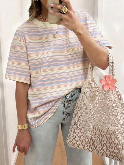 EMERY ROSE Women's Casual Striped Short-Sleeved T-Shirt, Loose Round Neck Design, Machine Washable, Suitable For All Seasons, Comfortable And Cute, Retro Style.