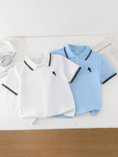 Tween Boy Color Block Knight Print Short Sleeve Polo Shirt, Suitable For Daily Wear, School Activities, And Visiting Friends And Family