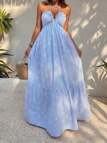 Sunnyshic 女士蓝色条纹夏季法式V领露背蝴蝶结腰带连衣裙，性感浪漫海滩度假风 - 藍色 - 查看 5