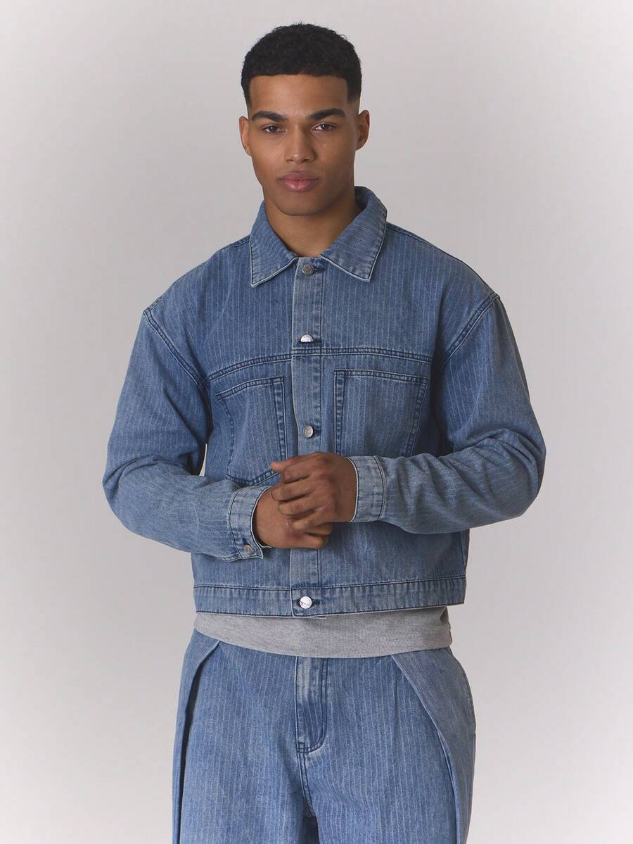 Musero Oversized Boxy Pin Stripe Button Through Denim Jacket Autumn Winter Only Streetwear - Light Wash - View 1
