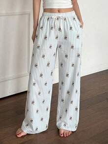 DAZY Striped Bear Print Loose Wide Leg Pajama Pants, Fall, Winter - Blue - View 2