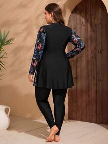 SHEIN Swim Plus Size Modest Swimwear 2-Piece Set, Long Sleeve Printed Dress + Long Pants, Style Concealing Swimwear - Black - View 2