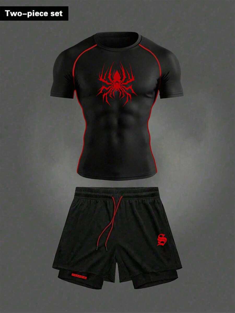 RISE LYT Conjunto deportivo casual de camiseta de manga corta con cuello redondo y estampado de araña, y pantalones cortos con cordón en la cintura para hombre - Negro - Ver 1