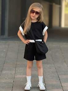 Dazy Kids 2pcs Tween Girl Colorblock Batwing Sleeve Top And Shorts Set,Girls Summer Outfits,Back To School Clothes - Black - View 3
