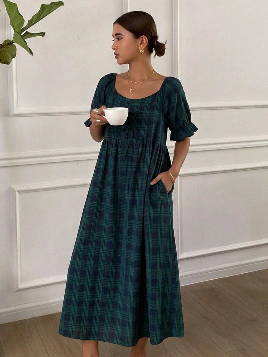 DAZY Casual Plaid Print Ruffle Sleeve Short Sleeve Nightdress Pajama, Moo Moo - Green - View 1