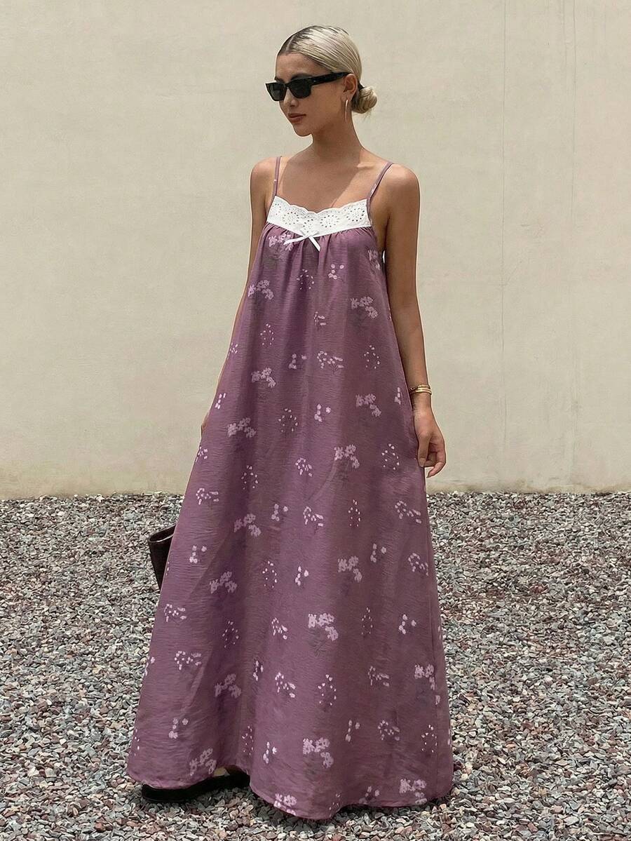 DAZY Floral Print Patchwork Trim Camisole Nightgown For Women Pajamas - Purple - View 1