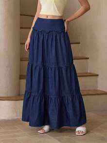 Selenza Chân váy denim dài rộng rãi, kiểu dáng thường ngày, chất liệu denim đã qua xử lý, dành cho nữ. - Màu xanh lam - Xem 3