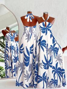 DreamSkyne Vestido de flores con cuello de halter para vacaciones en tallas grandes - Neblina azul - Ver 2