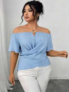 INAWLY Plus Size Women's Off-Shoulder Ruffle Trim Fitted Blouse - Blue - View 3