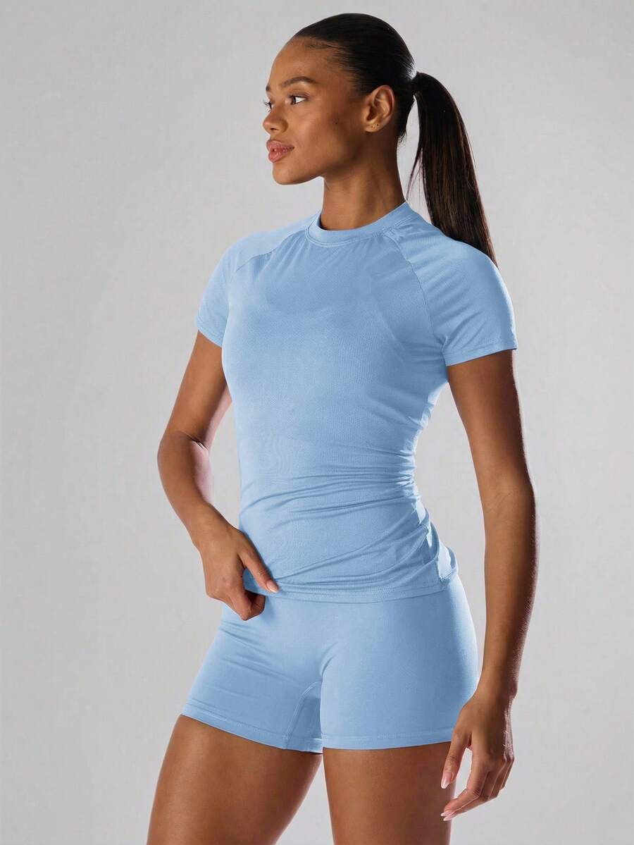 Musera Sport Solid Color Short Sleeve Sports Tee Running Short Active Comfy Workout Gym Running Run Club Gym Fitness Yoga Pilates Daily Casual - Baby Blue - View 1