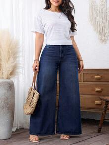SHEIN CURVE+ Quần jean ống rộng dáng rộng, không co giãn, chất liệu denim, dành cho nữ cỡ lớn. - Rửa tối - Xem 7