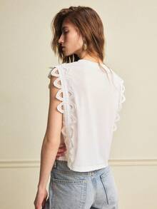 Écloséra 法式休闲T恤，夏季蕾丝边无袖落肩上衣，白色T恤 - 白色 - 查看 4