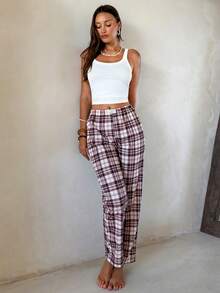 Aloruh 女士休闲格子印花弹力腰直筒家居裤 - 彩色 - 查看 6