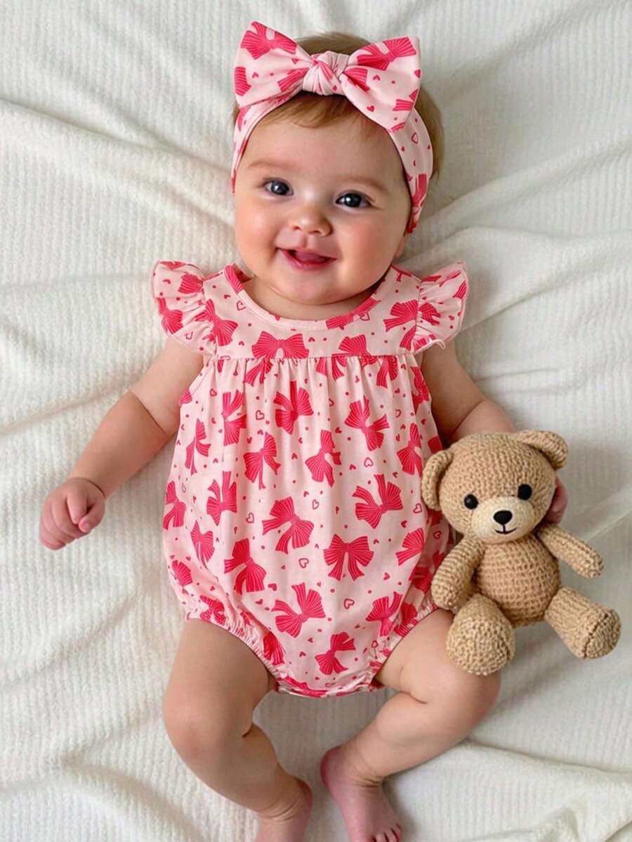 SHEIN Newborn Baby Girl Cute Summer Knitted Bow Decor Flutter Sleeve Bodysuit - Red - View 1