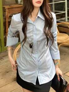 K-Vae Blue Long Sleeve Casual Chic Blouse - Blue - View 1