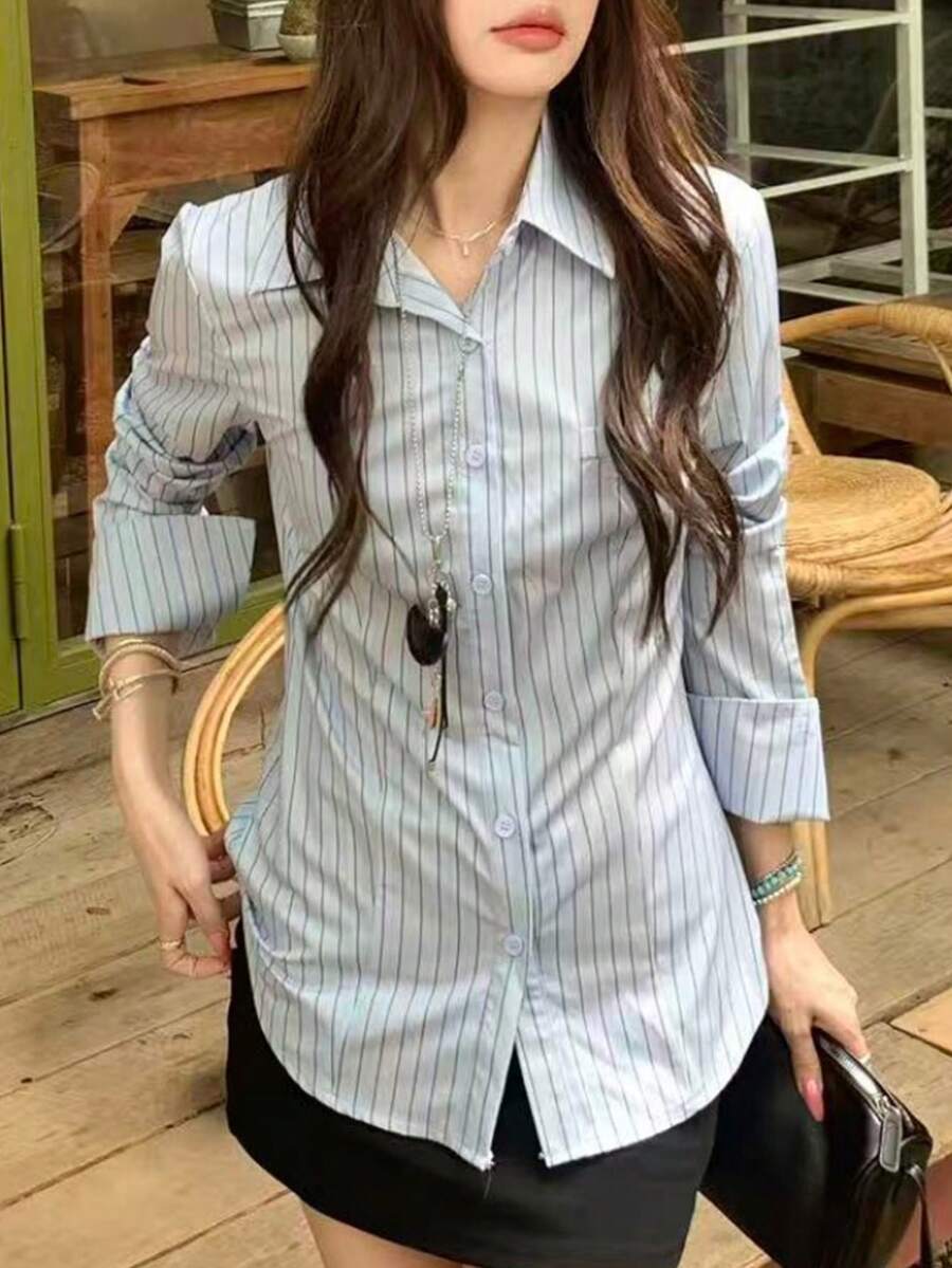 K-Vae Blue Long Sleeve Casual Chic Blouse - Blue - View 1