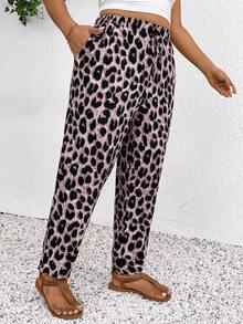SHEIN Frenchy Calças casuais plus size com estampa de leopardo, calças de verão, calças para férias, moda praia feminina, estilo boho/boêmio, roupas femininas de verão, casual, moda para o dia a dia - Baby Rosa - Ver 4