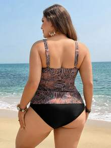 Swim Lushoire 大码女式豹纹数码印花吊带泳衣，适合夏季海滩度假 - 彩色 - 查看 2