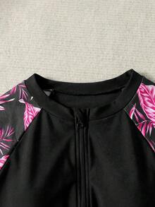 少女树叶印花拉链半开襟连体泳衣，适合海滩度假、泳池派对、沙滩派对 - 彩色 - 查看 5