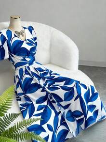Elenzga Elegant Tie-Cinched Waist Puff Sleeve Leaf Print Long Split Dress For Women, Spring/Summer - Blue and White - View 1