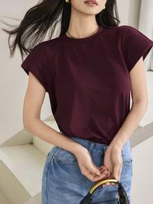 Heiryn Women's Pastal Cap-Sleeve Crewneck Top,Effortless Chic Sexy Minimal Draped Tee With Raglan Shoulders For Work Golf,Summer Casual Solid Color T-Shirt - Burgundy - View 3