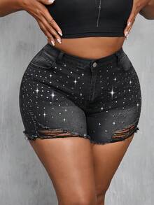 Slaydiva 大码夏季休闲水洗破洞铆钉装饰修身牛仔短裤 - 黑色 - 查看 3