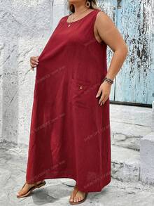 SHEIN CURVE+ Đầm nữ dáng ôm US22, màu trơn, cổ tròn, không tay, kiểu dáng thường ngày, có túi, thích hợp cho lễ hội âm nhạc, kỳ nghỉ bên bờ biển, phong cách Bohemia. - Màu Đỏ Sâu - Xem 6