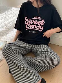 DAZY 2pcs/Set Crew Neck Letter Print Short Sleeve Top And Casual Pants Pajama - Black - View 2