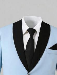 Young Men's Fitted Polyester Baby Blue Colorblock Shawl Collar Long Sleeve Prom Suit Set With Pocket Design - Baby Blue - View 7