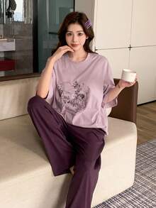 DAZY 2pcs Loose Flower Print Comfortable Women Pajamas Set , For Fall Winter Clothes - Purple - View 3