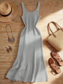 SHEIN Đầm hai dây dáng rộng, thoải mái, gợi cảm, thanh lịch, màu trơn tối giản, cao cấp, dây mảnh cổ chữ V, kiểu dáng duyên dáng hàng ngày, hẹn hò, cực kỳ đơn giản nhưng quyến rũ, quý cô dịu dàng, phong cách Pháp thư thái, hơi hướng cổ điển, trang phục công sở, nghỉ dưỡng, đầm len dệt kim màu kaki dành cho nữ. - Xám - Xem 2
