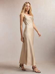 BizChic Adjustable Spaghetti Strap Draped Neck Waist Cinched Apricot Dress, Flattering, Suitable For Office, Formal Occasions, Elegant Urban Commute, Daily Casual, Romantic 90s Retro Style, Versatile For Party, Wedding Guest, Bridesmaid, Hostess, Outing, Social Events, Concerts, Graduation Ceremony, Brunch, Airport,Summer Dresses For Women - Apricot - View 6