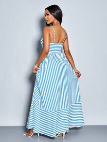 SOLERSUN Women's Flowing Striped Maxi Dress With Shoulder Straps, Pockets And Chest Gathering, Suitable For Vacation, Beach, Commuting And Casual Daily Wear (Random Floral) - Baby Blue - View 2
