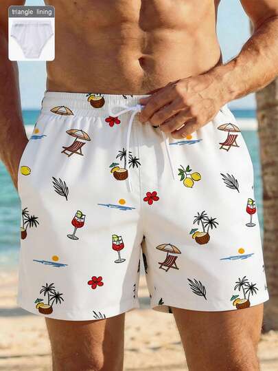 VIVINTIMO Shorts de playa para hombres con estampado colorido de coco, cóctel, silla de descanso en todo el diseño, forro de malla para anti-exposición, adecuado para vacaciones en la isla, shorts de playa de Hawái