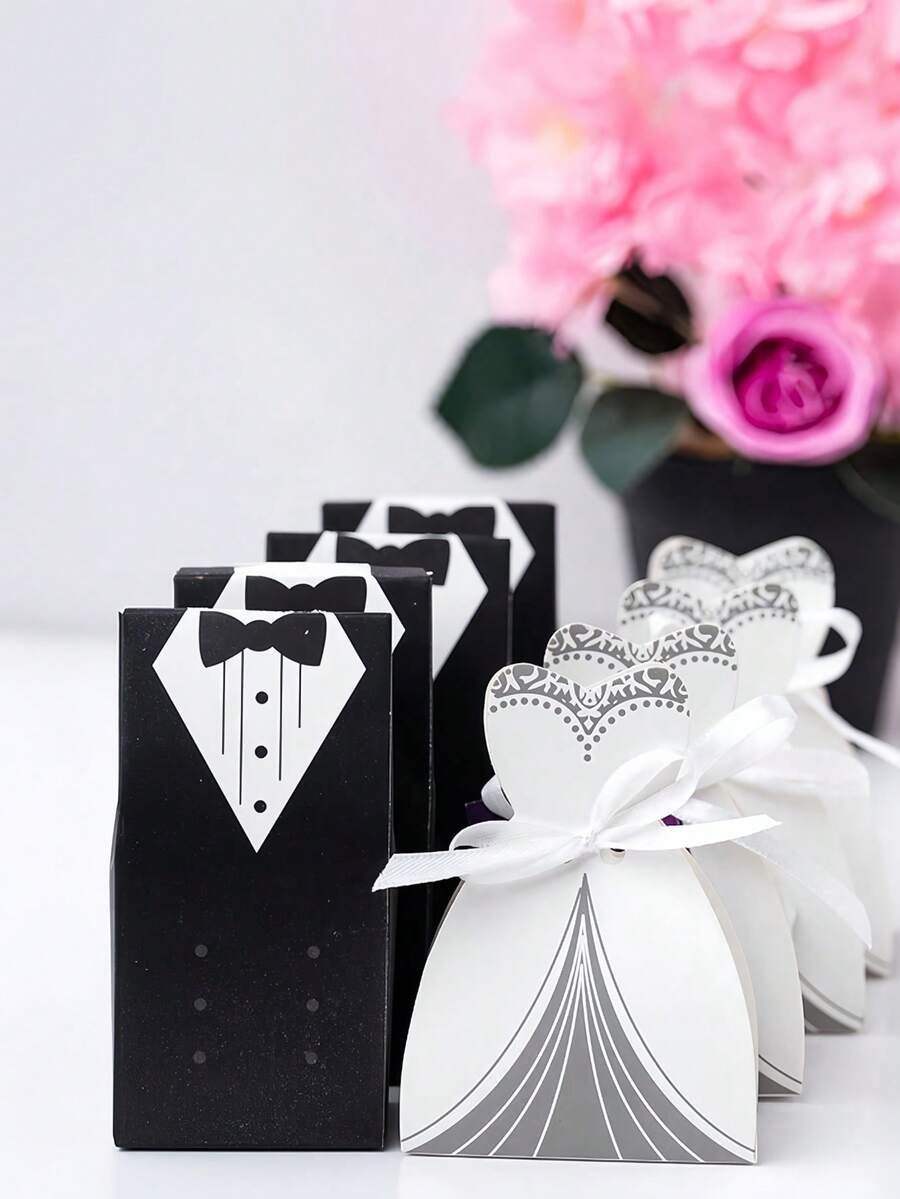 Hộp kẹo 100 chiếc chủ đề áo đuôi tôm cưới kèm ruy băng, thích hợp làm quà tặng trong tiệc cưới, tiệc chiêu đãi cô dâu. - Đen trắng - Xem 1