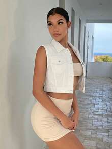 SHEIN SXY Áo khoác denim ngắn không tay dáng casual dành cho nữ, mùa hè. - trắng - Xem 5