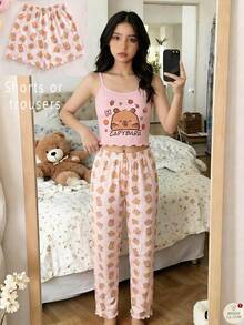 SHEIN 3件套少女休闲针织睡衣套装，可爱卡通印花荷叶边吊带背心，长裤和短裤 - 藍白色 - 查看 3