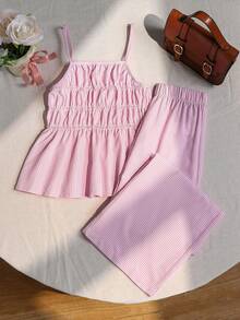 SHEIN Sparklyn Bộ trang phục mùa hè cho bé gái: Áo hai dây kẻ sọc và quần ống đứng. - Hồng - Xem 3