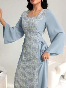 Yasmyna 女士优雅方领拼接刺绣腰带连衣裙，春夏款 - 藍色 - 查看 3